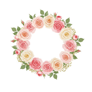 可憐なバラの円形花冠 優しい色合いの水彩画風