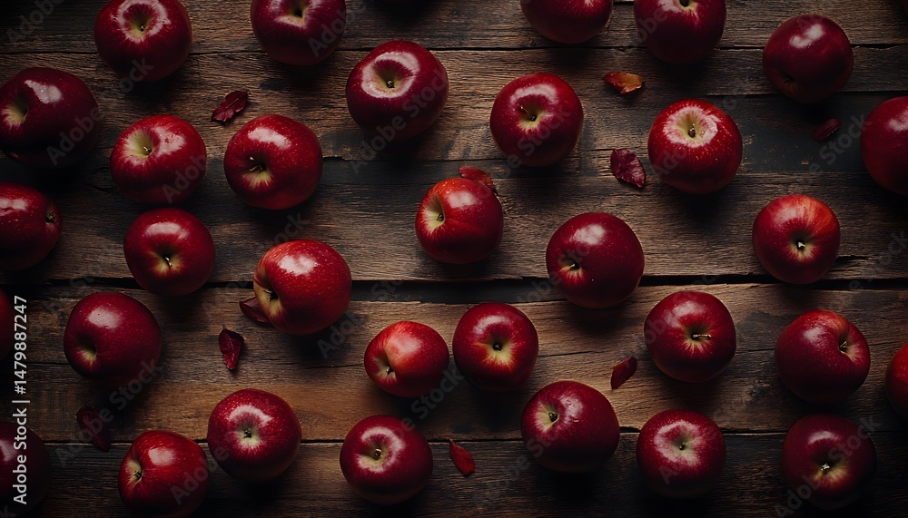 Poster a close-up view of many red apples on a rustic wooden surface.