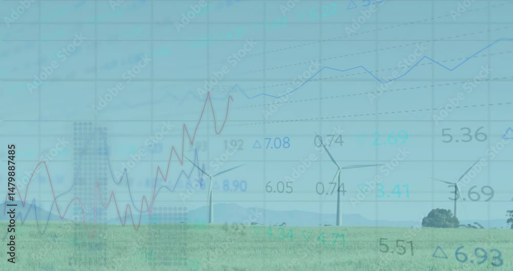 Poster three wind turbines spinning over grassy field, displaying translucent financial charts and data