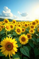 Obraz premium Hundreds of sunflowers fill a sun-drenched field, petals reaching for the sky , image, floral