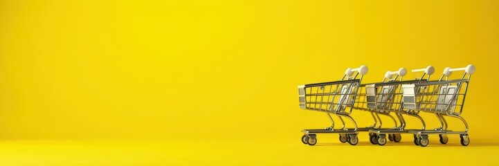 Multiple shopping carts, yellow background, close-up view, retail, discount, yellow background