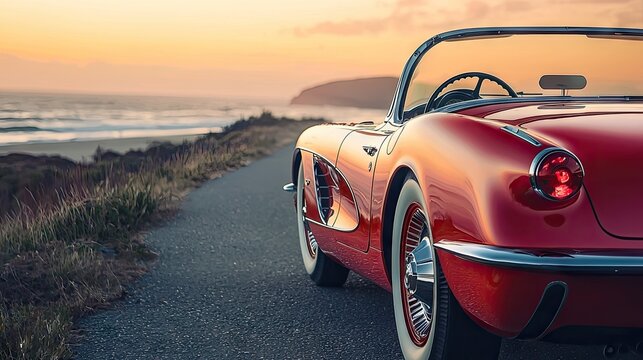 Classic red convertible car on a coastal road at sunset.