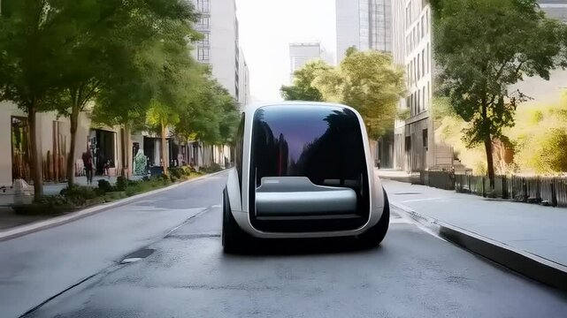 Futuristic city autonomous mobility concept vehicle driving across downtown street