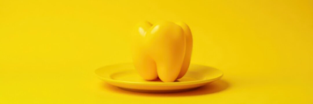 Single ripe yellow pepper on matching plate, yellow backdrop , vegetable, image, close up