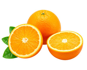 Fruit, an orange, one whole and half orange  isolated on a transparent background