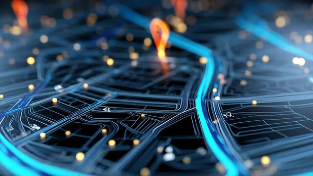 Digital map with glowing location markers.