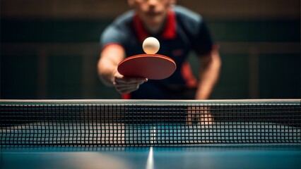 Table tennis player serving the ball, close-up