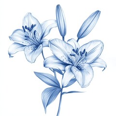 Obraz premium Artistic watercolor painting of delicate blue lilies with stems and leaves on a white background.