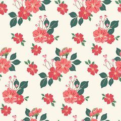 Seamless floral pattern, romantic ditsy print of hand drawn blooming bouquets. Pretty botanical wallpaper, textile design with small red flowers, green leaves on white field. Vector illustration.