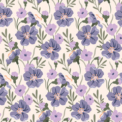 Seamless floral pattern, delicate ditsy print with gentle wild garden. Repeating botanical design of small hand drawn purple flowers, tiny leaves, twigs on light field. Vector illustration.