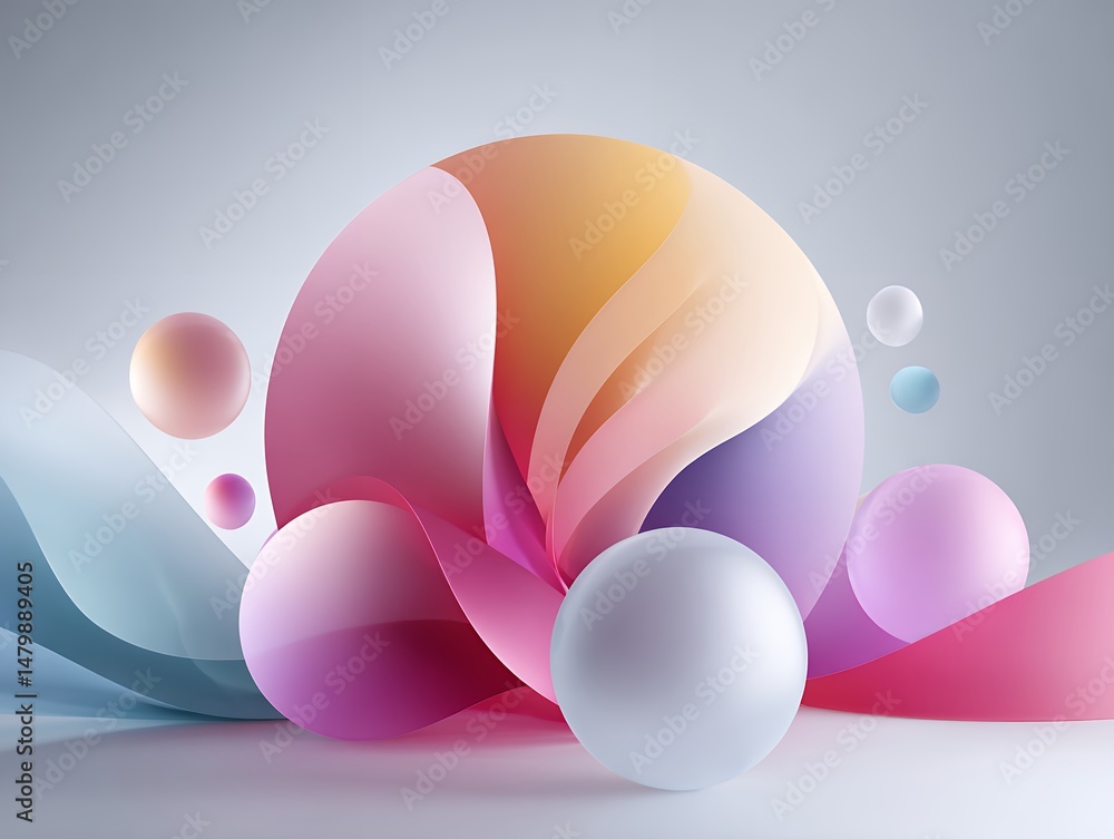 Poster abstract pastel 3d rendering with fluid shapes and spheres