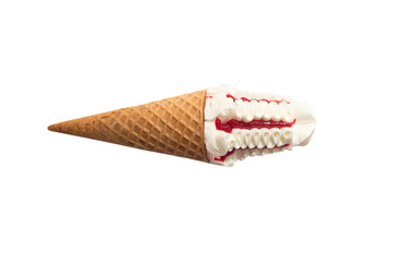 Ice cream in a waffle cone with strawberry or raspberry topping isolated on white background