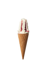 Ice cream in a waffle cone with strawberry or raspberry topping isolated on white background
