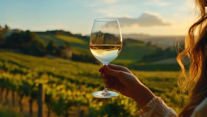 Wine glass at sunset over vineyards
