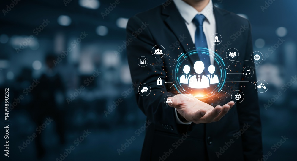 Poster business professional displaying digital network symbols for connection and collaboration in modern 