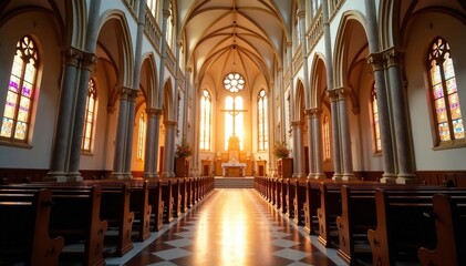 Obraz premium A brightly lit Easter church interior, showcasing ornate architecture and religious symbols , church, illumination