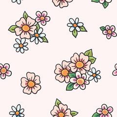 Seamless floral pattern, cute ditsy print of outline plants in retro motif. Pretty botanical design of small hand drawn daisy flowers, tiny leaves, simple bouquets. Vector illustration.