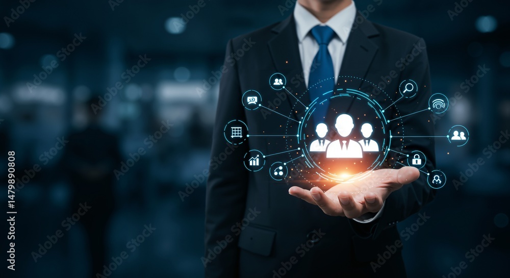 Poster a professional in a suit holds a digital network interface representing connections and communicatio