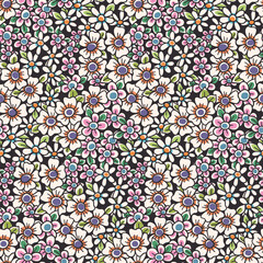Seamless floral pattern, liberty ditsy print of chamomile field in retro motif. Botanical design of hand drawn wild meadow, small daisy flowers, tiny leaves abstract on dark field. Vector illustration