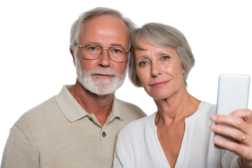  elderly couple taking selfie isolated on white background