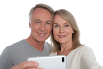Smiling couple taking selfie isolated on white background