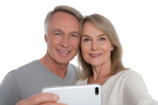 Smiling couple taking selfie isolated on white background