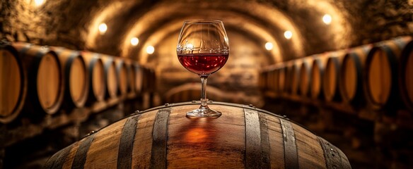 Wine glass atop wooden barrel in a cellar