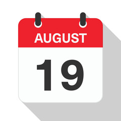 August 19 Daily Calendar. Red Theme on White Background