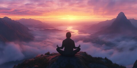 Obraz premium Peaceful meditation atop a mountain peak at sunrise (1)