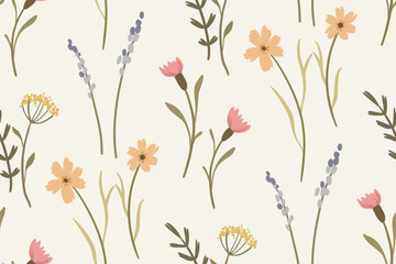 Seamless floral pattern, delicate ditsy print of small hand drawn wildflowers. Feminine botanical design of tiny wild flowers, leaves, herbs in pastel colors. Vector illustration. © Yulya i Kot