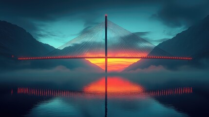 Obraz premium Cable-stayed bridge sunset, misty mountains, lake reflection