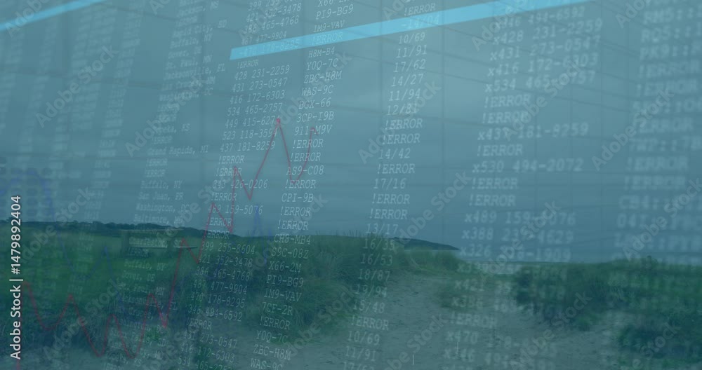 Poster rural data landscape being animated in scene, showing winding path, error code columns, red graph