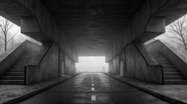 Brutalist underpass with sharp concrete ramps and walls