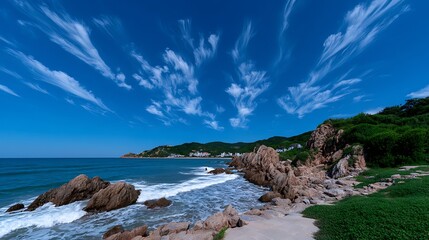 Obraz premium Coastal Serenity Dramatic Cloudscape over Rocky Beach.