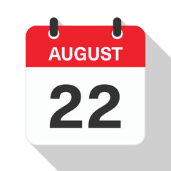 Fototapeta premium August 22 Daily Calendar. Red Theme on White Background