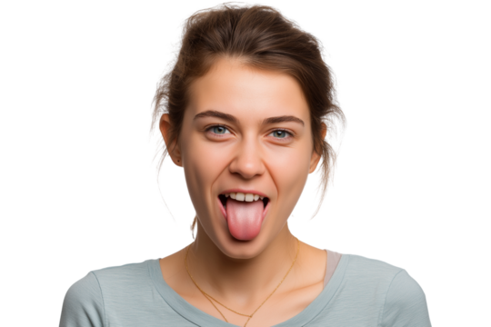woman playfully sticking her tongue out isolated on white background - Powered by Adobe