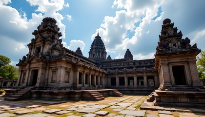 Fototapeta premium a grand hindu temple complex set against a backdrop of clear skies with a few clouds