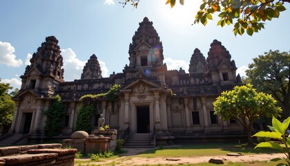 an ancient hindu temple complex set against a clear sky with some clouds