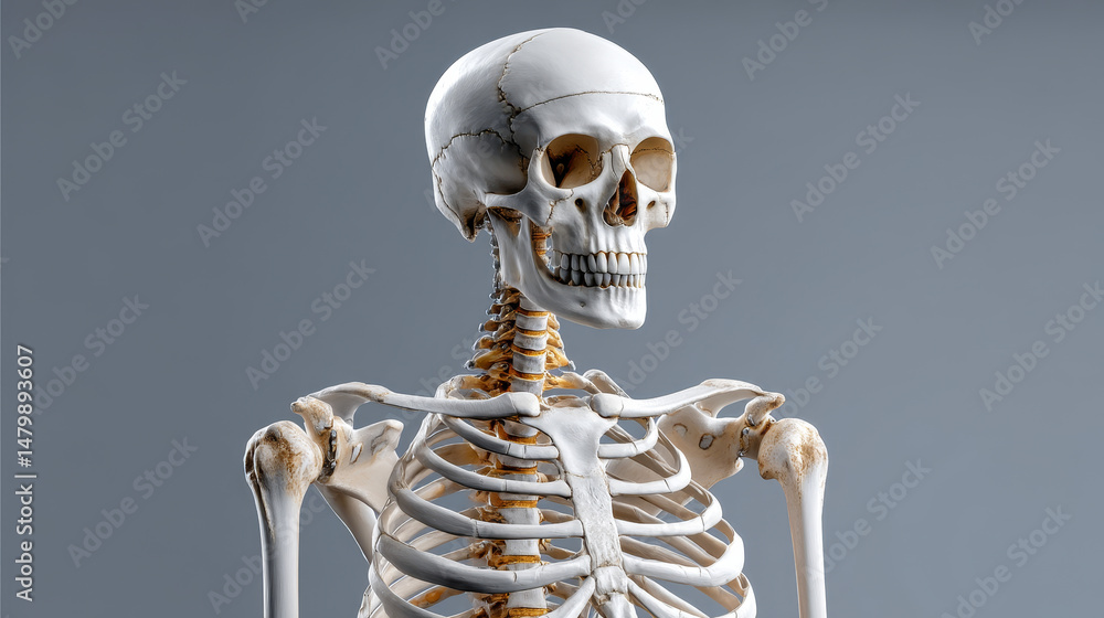 Poster organs and function concept ,detailed human skeleton model showcasing intricate bone structure and a