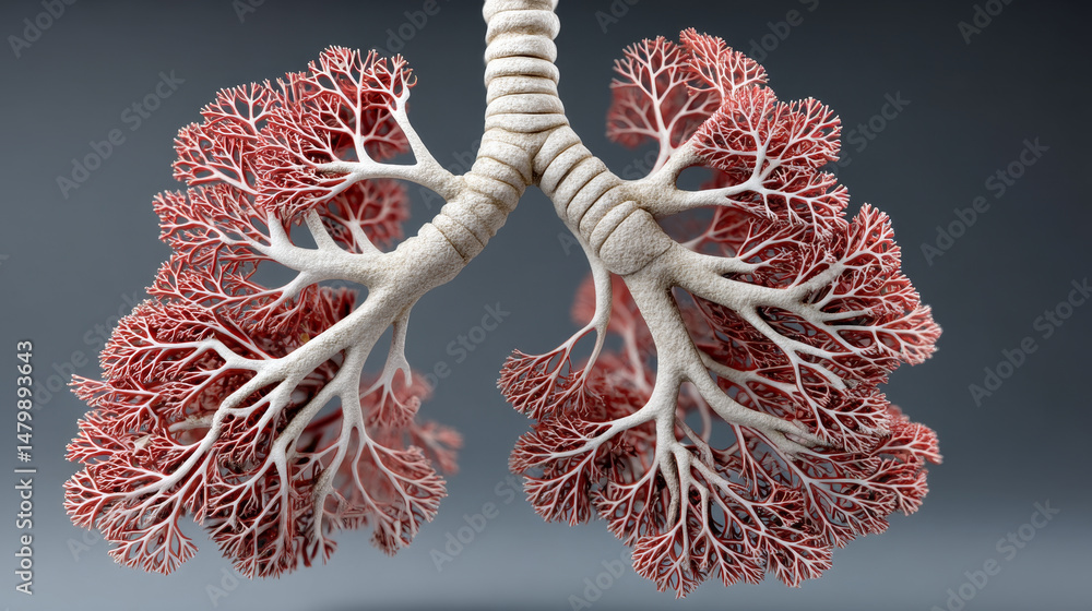 Poster organs and function concept ,lungs cutaway showing intricate bronchi branching structure, highlighti
