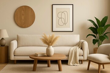 Modern minimalist living room with beige sofa, wooden furniture, abstract wall art, and indoor plants. Cozy, neutral decor perfect for interior design and home styling themes.
