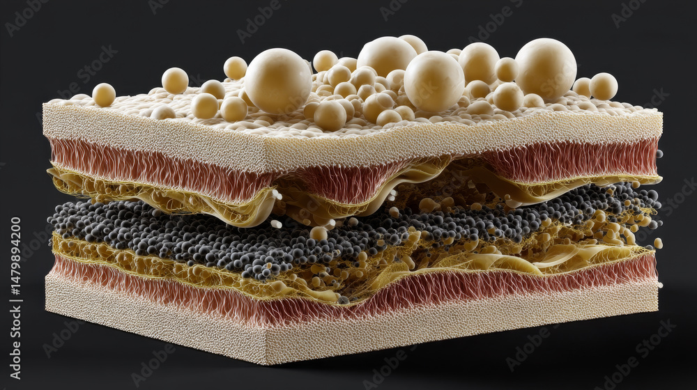 Poster organs and function concept ,skin layers with pore functions and sweat, showcasing intricate texture