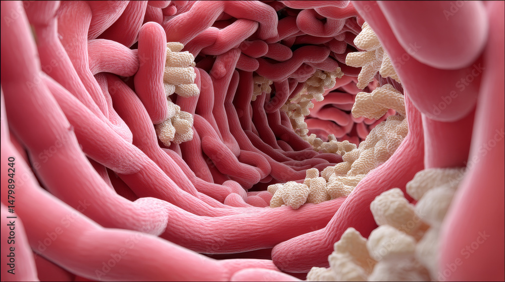 Poster organs and function concept ,narrow passage of small intestine showcasing nutrient absorption with i