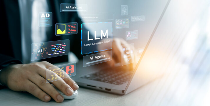 User working on laptop in LLM,Data performrange language tasks,answering questions, summarizing information, translating languages, writing code.	
Large language model(LLM) with AI technology.