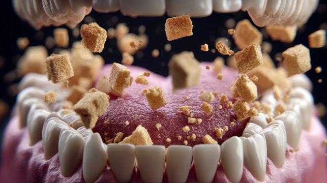 Organs and Function Concept ,Teeth breaking down food with sugar cubes in mouth, showcasing chewing process