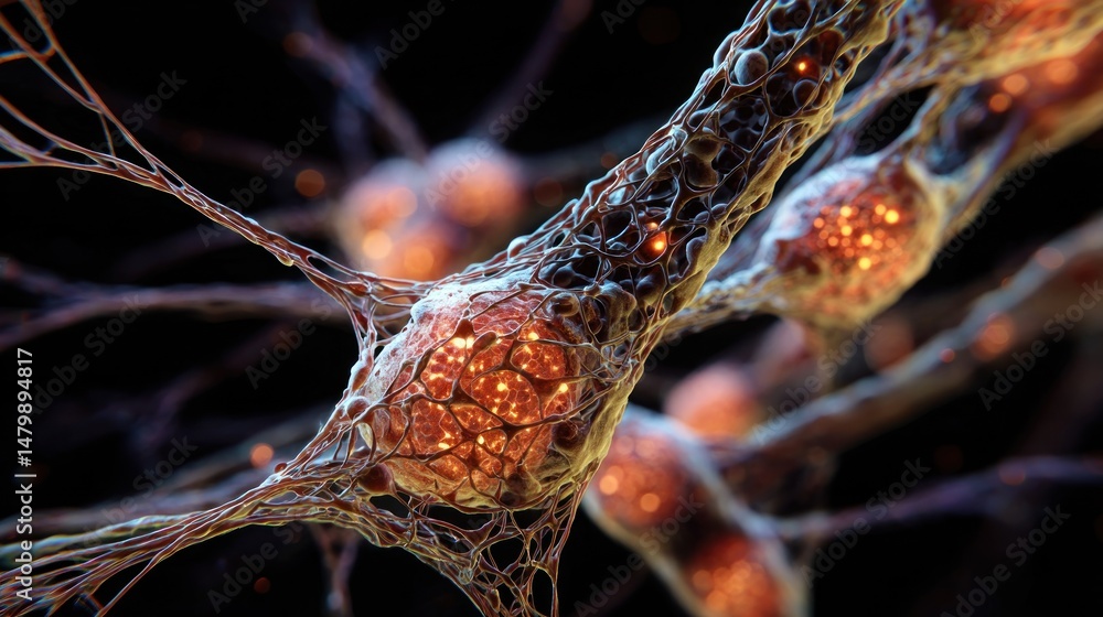 Poster microscopic view of neuron network: a detailed 3d render of interconnected neurons and synapses