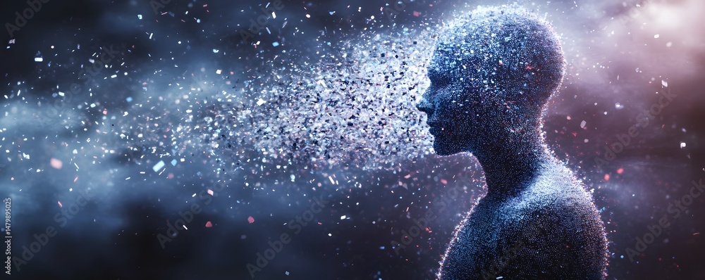 Poster abstract figure dissolving into particles in a dark background.