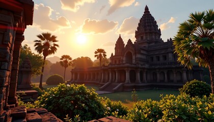 a serene view of a southeast asian temple complex set against the backdrop of a rising sun
