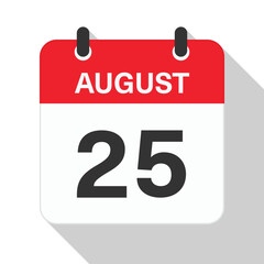 August 25 Daily Calendar. Red Theme on White Background
