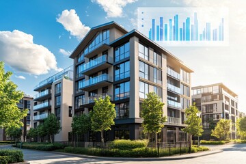 Abstract concept of real estate investment with glass buildings and financial chart overlay, modern business style